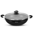 Kadai à friture longue durée avec lard en verre 2,5 litre & 24 cm Induction et gaz Compatible Cuisine Kadhai.Kadai résistant aux rayures pour la cuisson Curry, Dal, Rice & Biryani (LLKA02, Noir)