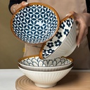 Ensemble de 4 bols de service en céramique Artisan - 8--Bowles de pâtes et salades décoratives, motifs bleus et blancs peints uniques, vaisselle empilable de luxe pour la maison et la cuisine (Random)