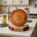 Trivet rond en bois, Placez Mate Set de 4 (20cm) de tapis de table en bambou avec un design gravé.