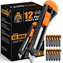 Couteau utilitaire REXBETI 12-Pack, Cutter de boîte rétractable pour les cartons, carton et boîtes, lame de rasoir large de 18mm, mécanisme lisse, parfait pour le bureau et la maison