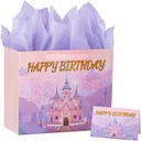 PrintGuru 13” Large Happy Birthday Gift Bag with Tissue Paper, Greeting Card and Ribbon Handles for Women Girls Kids Birthday, 13”W x 10.2” H x 4.9” D (Princess Castle, Pink and Purple, Pack 1)