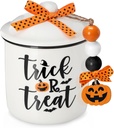 Nefelibata Trick or Treat Ceramic Canister Holiday Candy Bowl Tiered Tray Decor Candy Holder with Buffalo Plaid Bowknot Pumpkin Wood Beads Home Table Centerpiece Decoration Supplies Gift Idea
